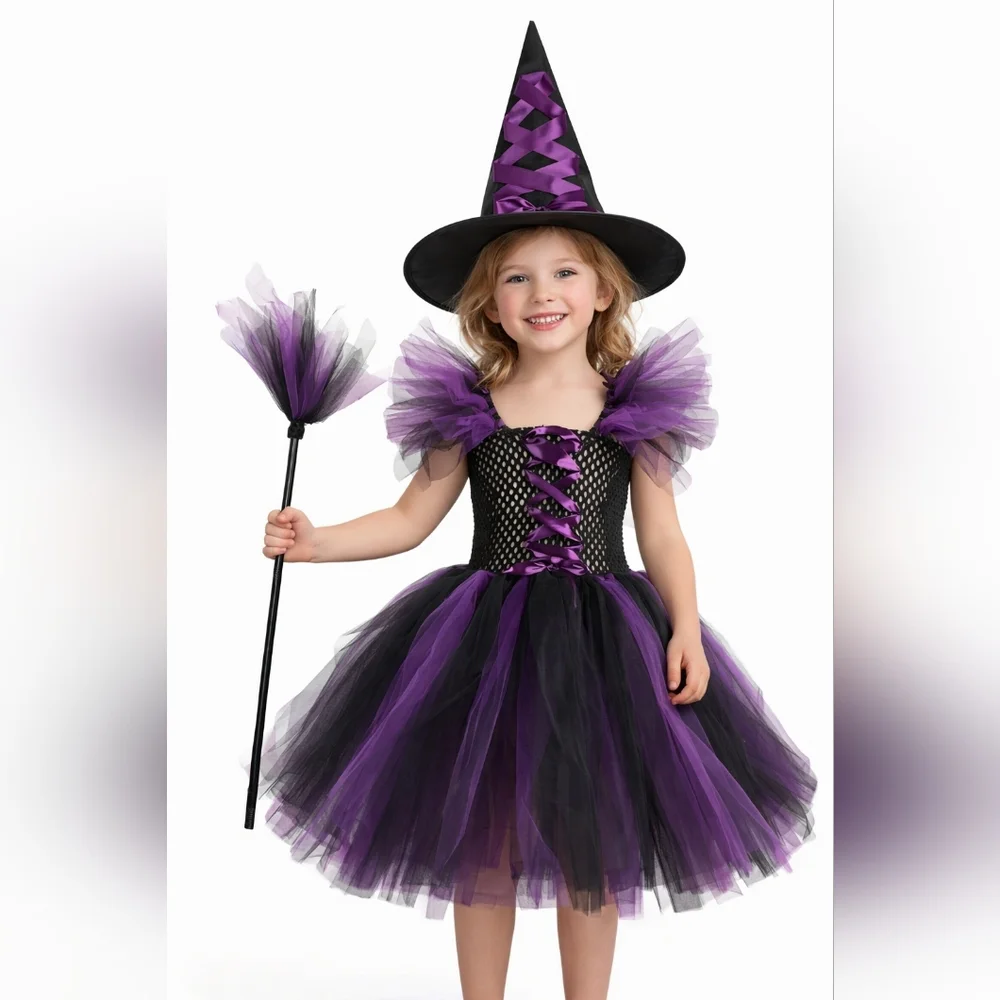 Girls Purple & Black Witch Tutu Dress Costume Set with Hat and Broom 6-7‎